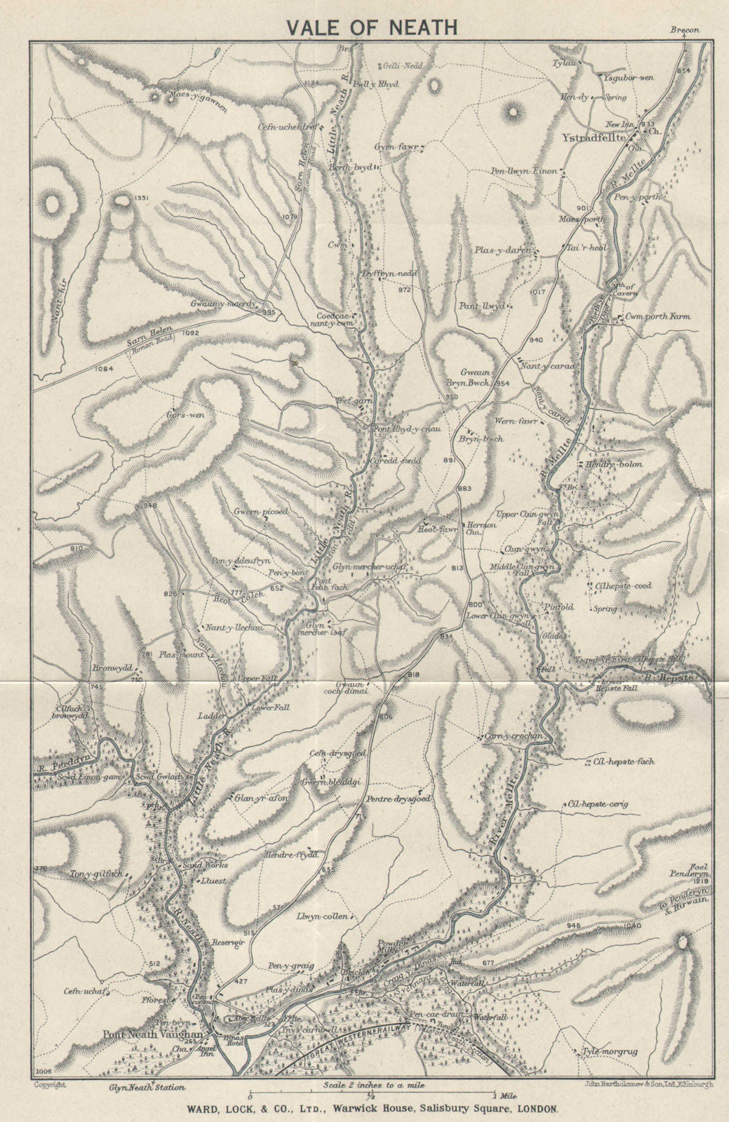 VALE OF NEATH vintage tourist map. South Wales valleys. WARD LOCK 1936 old